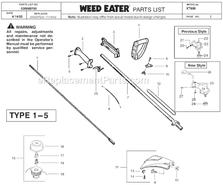 Page A Diagram and Parts List for XT600 Type 6 Weed Eater Trimmer